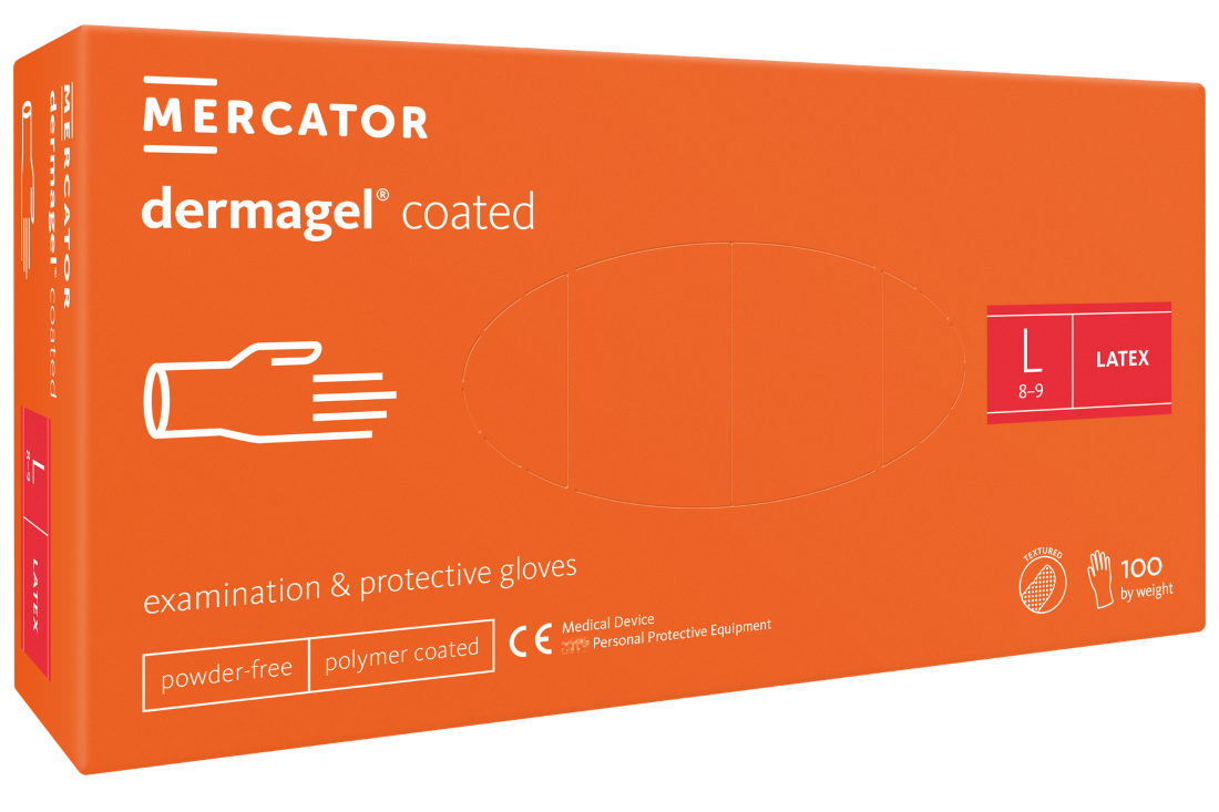 Латексні оглядові нестерильні неприпудрені рукавички Dermagel® coated, розмір L, Mercator Medical